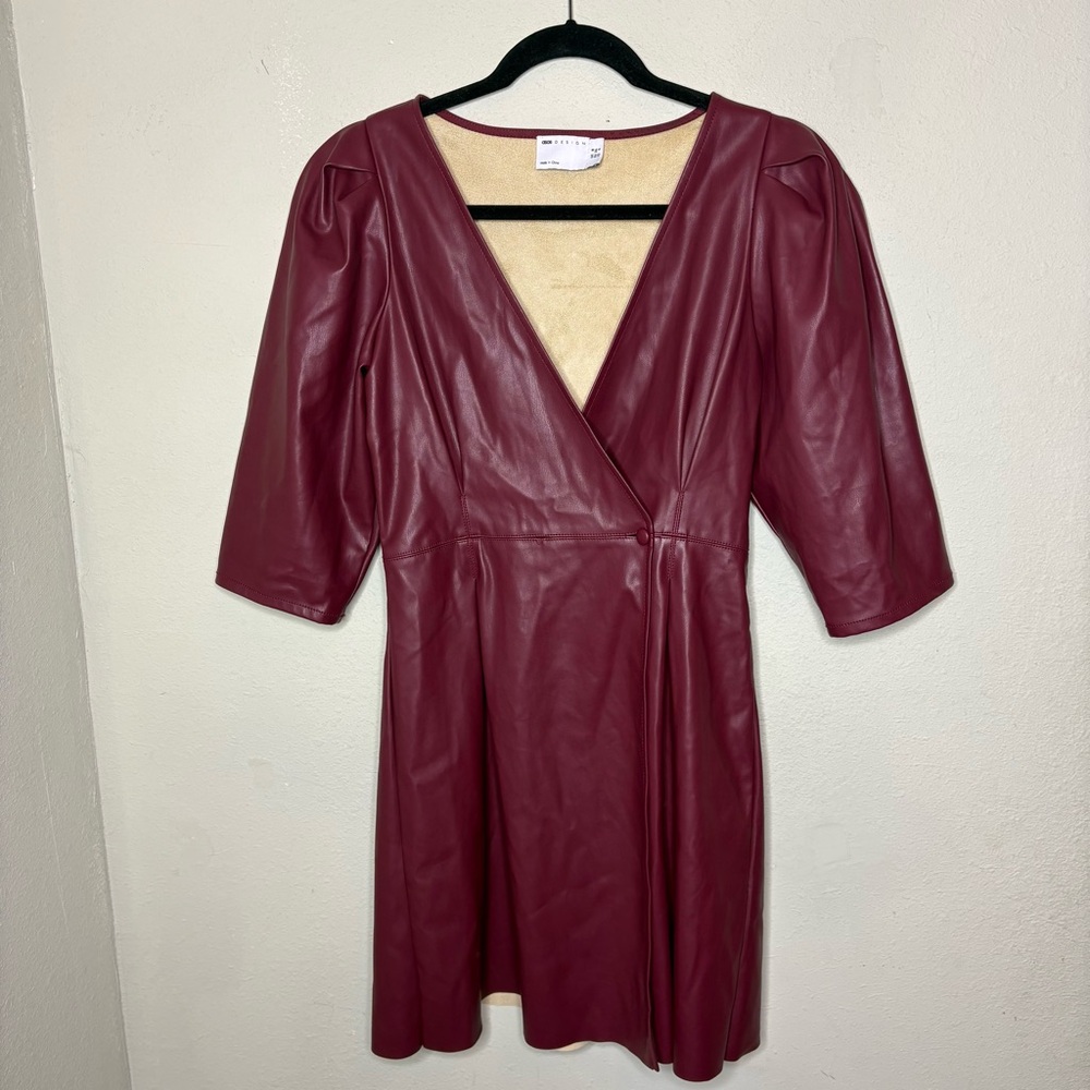 ASOS Design Faux Leather Mini Wrap Dress in Burgundy Size 8